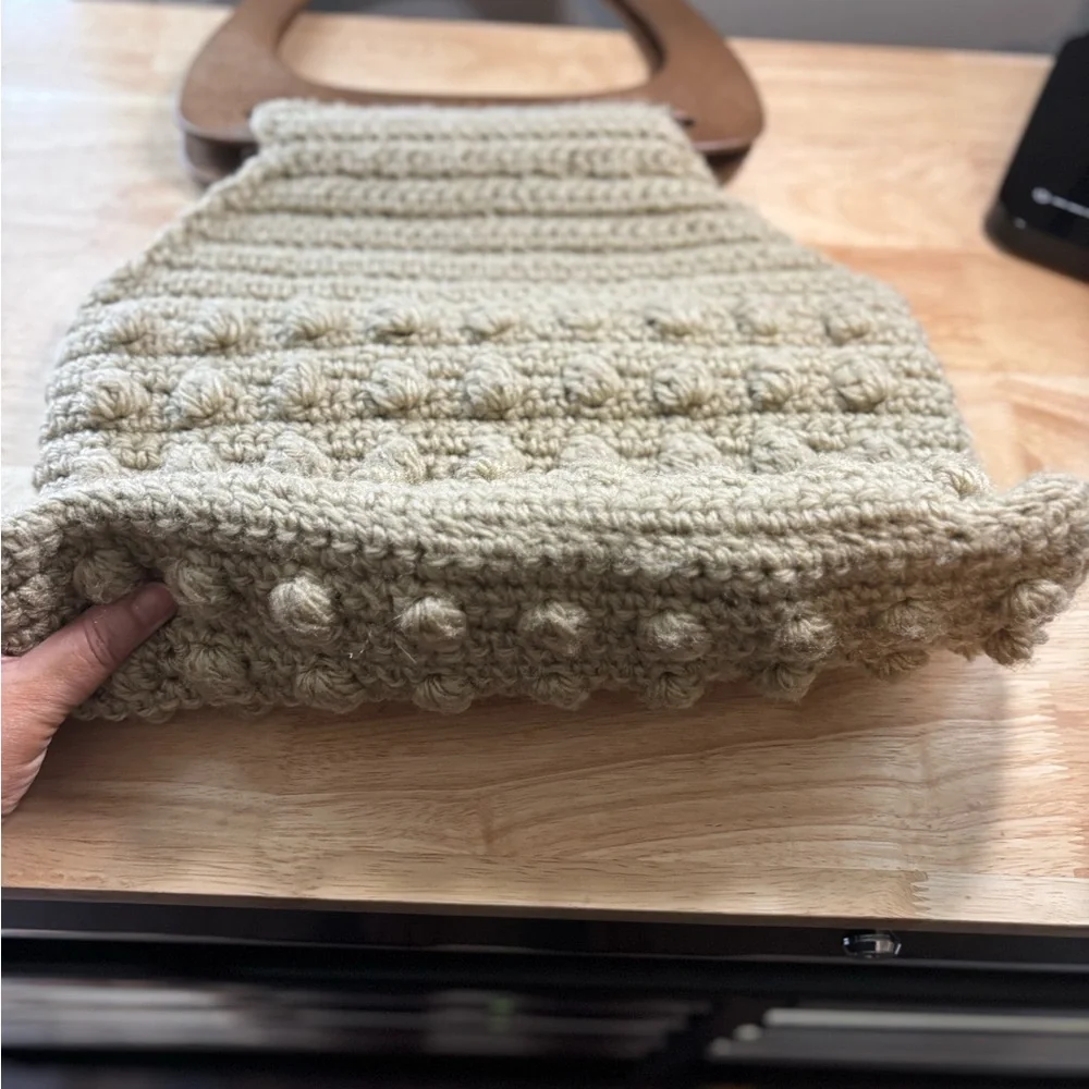 Neutral Beige Crochet Bag with Wood Handles & Balls Boho Cottagecore